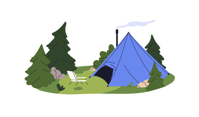 Obraz premium Trekking tent for camping, rest among fir trees, pines in forest. Campground in woodland. Campsite in travel in nature, hiking, summer journey. Flat isolated vector illustration on white background