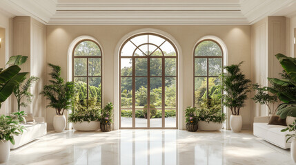 living area is adorned in soft beige tones, complemented by stylish furniture and accents that emphasize comfort and sophistication. Green plants are thoughtfully placed, bringing a touch of nature in