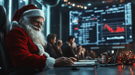 Obraz premium Santa claus analyzing market trends in a high-tech office environment during christmas season