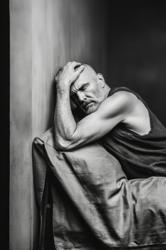 A middle-aged man sits pensively with his head resting in his hands, portraying a deep sense of sorrow and contemplation within a subdued and intimate setting.