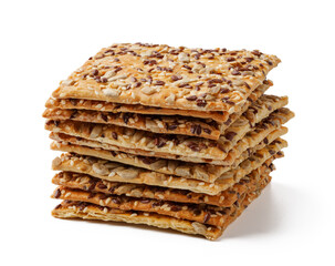 Crunchy baked snacks made with oats and seeds stacked neatly on a white background