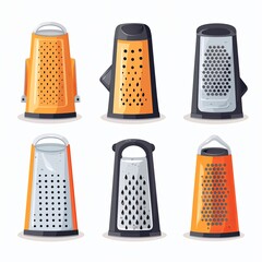 The image shows different types of graters. All graters are yellow and silver in color and have different-sized holes. The graters are isolated on a white background.