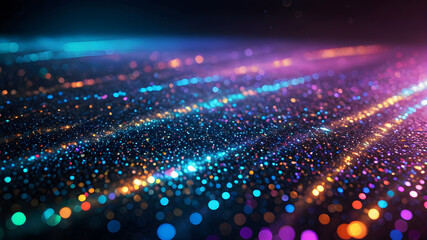 Obraz premium Dynamic Neon Lights and Bokeh Abstract Background. Vibrant glowing particles, luminous streaks and blurred circles flow on a dark bg. Energetic blue, pink, purple, orange neon illumination effect