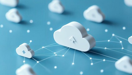 Abstract Representation of Cloud Computing - A Scene of Floating White Clouds Connected by Lines Over a Bright Blue Background, Emphasizing Digital Connectivity and Modern Technology