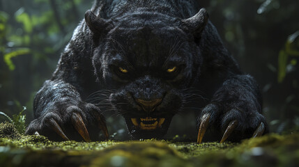 fierce black panther prowling through dense jungle, showcasing its sharp claws and intense gaze