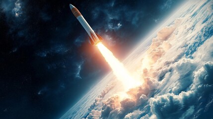 rocket launching into space, leaving behind a trail of light, representing groundbreaking achievements and limitless success