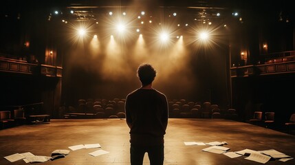 stage actor rehearsing on an empty theater stage, dramatic spotlights shining down, with scripts and props scattered across the set