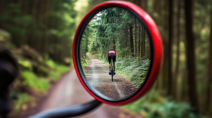 A close-up of a road mirror mounted on a red frame, reflecting a cyclist on a forest path