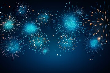Festive fireworks exploding against a dark blue night sky, creating a celebratory atmosphere
