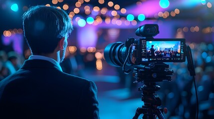 Male photographer with a camera capturing an upscale event in vibrant lighting.