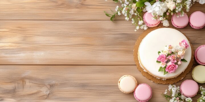 Elegant white cake with pink roses and macarons on rustic wooden table