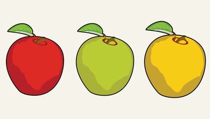 Vector set of ripe green, yellow and red apples with leaves. Apple icon isolated on white background.