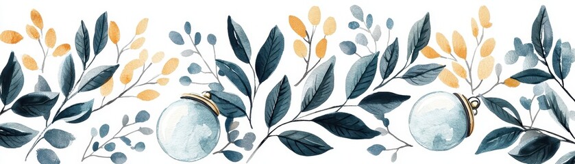 Obraz premium A decorative border featuring green leaves and blue ornaments, complemented by touches of gold, perfect for festive themes and seasonal designs.