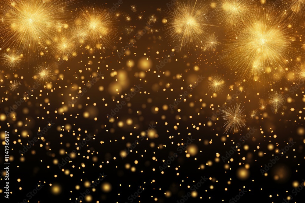 Poster festive golden fireworks exploding with sparkling bokeh effect on a dark background, creating a cele