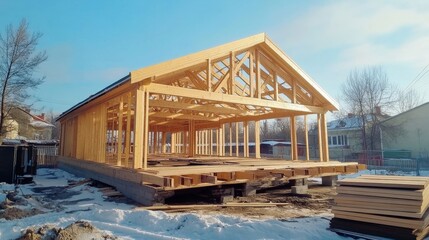 Wooden Frame House Under Construction In Winter