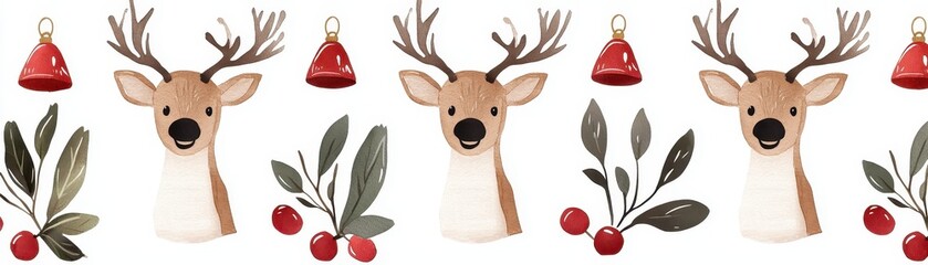 A festive illustration featuring reindeer heads adorned with antlers, surrounded by red bells and foliage, perfect for holiday decor.