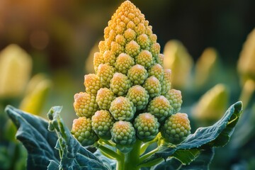Close-up of vibrant romanesco broccoli in sunlit garden setting