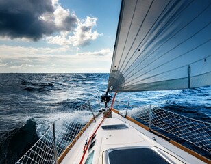 Obraz premium Bow of a Sailing Boat Navigating Rough Ocean Waters
