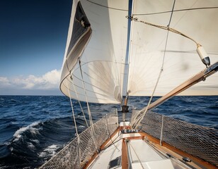 Fototapeta premium Bow of a Sailing Boat Navigating Rough Ocean Waters