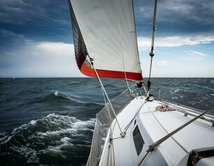 Obraz premium Bow of a Sailing Boat Navigating Rough Ocean Waters