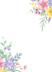 Watercolor flowers, floral background, frame, border for greeting card, invitation and other printing design. Isolated on white background. Hand drawing.