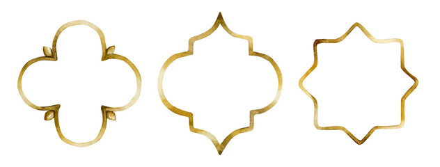 Islamic golden ornament set. Oriental decorative design elements. Watercolor hand painted isolated illustration Ramadan