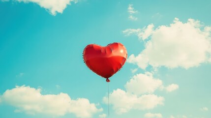 Fototapeta premium Heart Balloon flying on the sky over the cloud,Red helium balloon,Glossy heart with reflection foil balloon,anniversary wedding,Valentine day,Love symbol,holiday card,copy space.