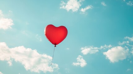 Fototapeta premium Heart Balloon flying on the sky over the cloud,Red helium balloon,Glossy heart with reflection foil balloon,anniversary wedding,Valentine day,Love symbol,holiday card,copy space.