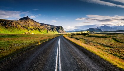 Naklejka premium Scenic Road Through Breathtaking Icelandic Landscape Representing Freedom. Adventure and Vanlife