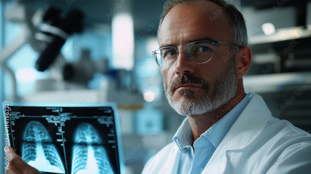 Poster A man in a white lab coat holding a computer screen with a picture of a man's lu