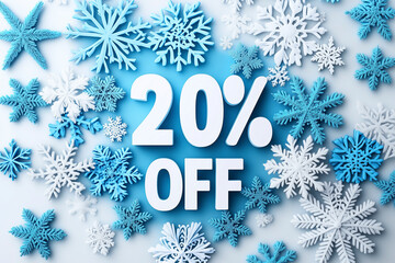Winter Sale Banner mit blauen und weißen Schneeflocken  auf weißem Hintergrund, 20% Rabatt Sale Banner für Winterangebote, Shopping Offerte für Winterschlussverkauf