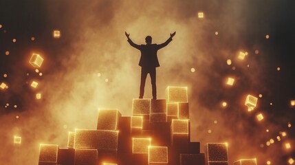 victorious entrepreneur standing on top of a staircase made of glowing golden blocks