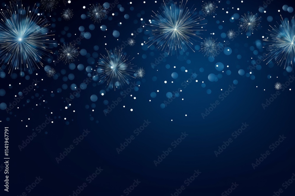 Poster fireworks exploding against a dark blue background with bokeh lights create a festive atmosphere