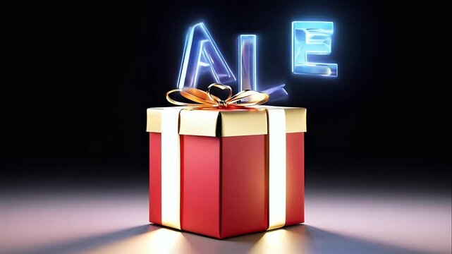 sleek red and gold gift box popping open, with individual 'SALE' letters glowing against a black backdrop