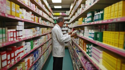 Fototapeta premium well-organized pharmacy, shelves stocked with colorful, neatly arranged medicine boxes