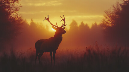 Majestic deer silhouette at sunset, surrounded by misty landscape