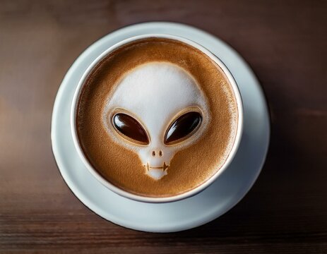 Cup of Coffee with Alien Face Art in Foam
