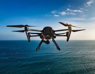 Black Military Drone Flying Over the Ocean