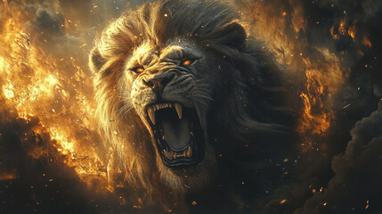Majestic lion roaring fiercely, symbolizing strength and power
