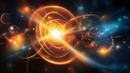 abstract arrangement of luminous rings, particles, and waves forming a visualization of subatomic motion