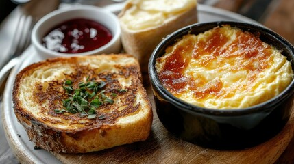 A crispy-edge omelet with melted cheese oozing out, placed next to buttered toast and jam