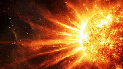 A fiery sun radiating bright light and flares against a dark starry space background