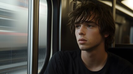 Young Caucasian male pensive while traveling on a subway train.