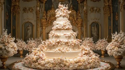 Large, ornate wedding cake with multiple tiers, adorned with elaborate floral decorations, displayed in a lavish, golden interior.