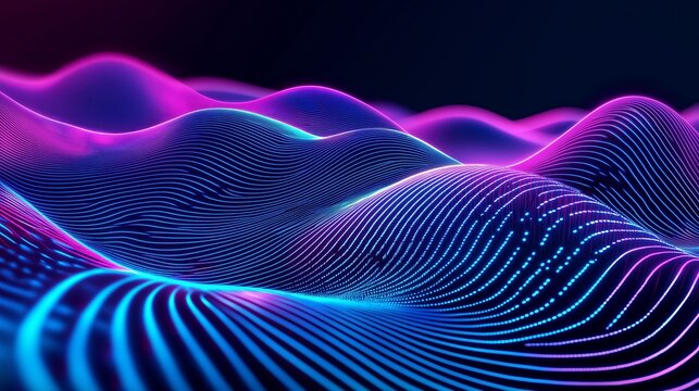 Abstract blue digital field with neon data flows and algorithmic patterns