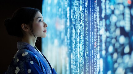 Abstract digital matrix in blue and white hues, with cascading data points and algorithmic patterns illustrating the complexity of big data