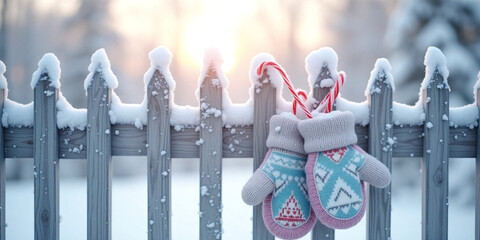Blue knitted mittens on a wooden fence post in a snowy winter landscape with a cabin in the background at sunset.