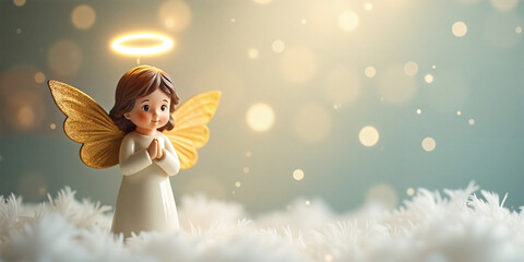 A cut angel wearing dress in bokeh background