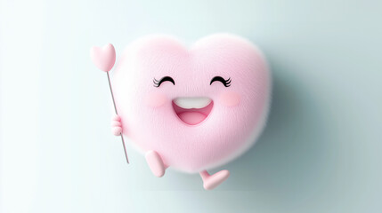 Fluffy and happy pink heart character with a smiling face and heart-shaped wand, set against a minimal pastel background. Playful concept for Valentine’s Day and children’s designs.