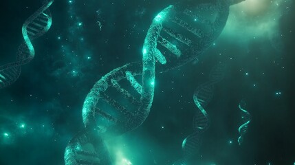 abstract representation of a DNA strand glowing in soft turquoise